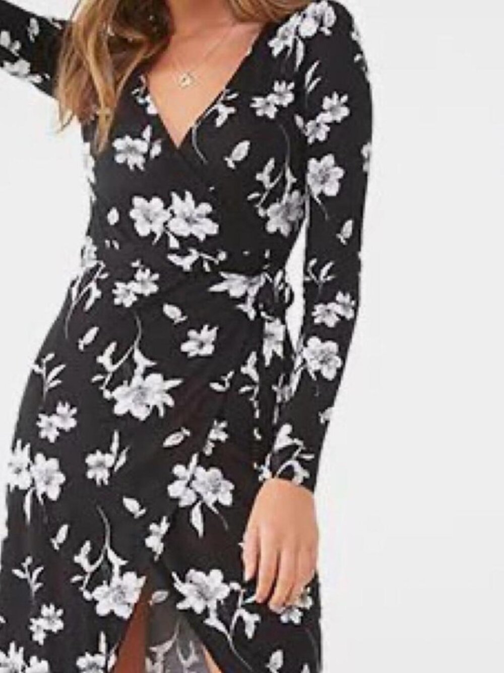 Black & white floral wrap dress with long sleeves